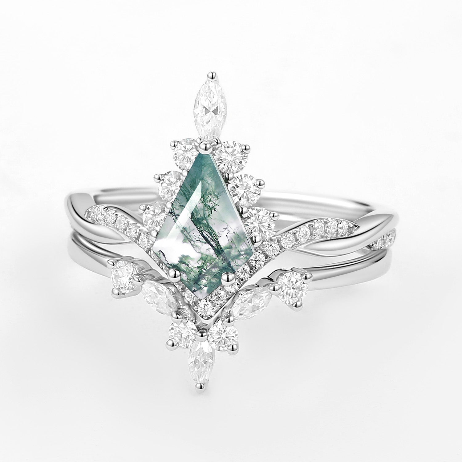 Unique Moss Agate Kite Shape Engagement Ring Sets 2pcs