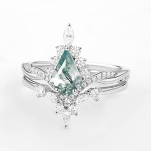 Unique Moss Agate Kite Shape Engagement Ring Sets 2pcs