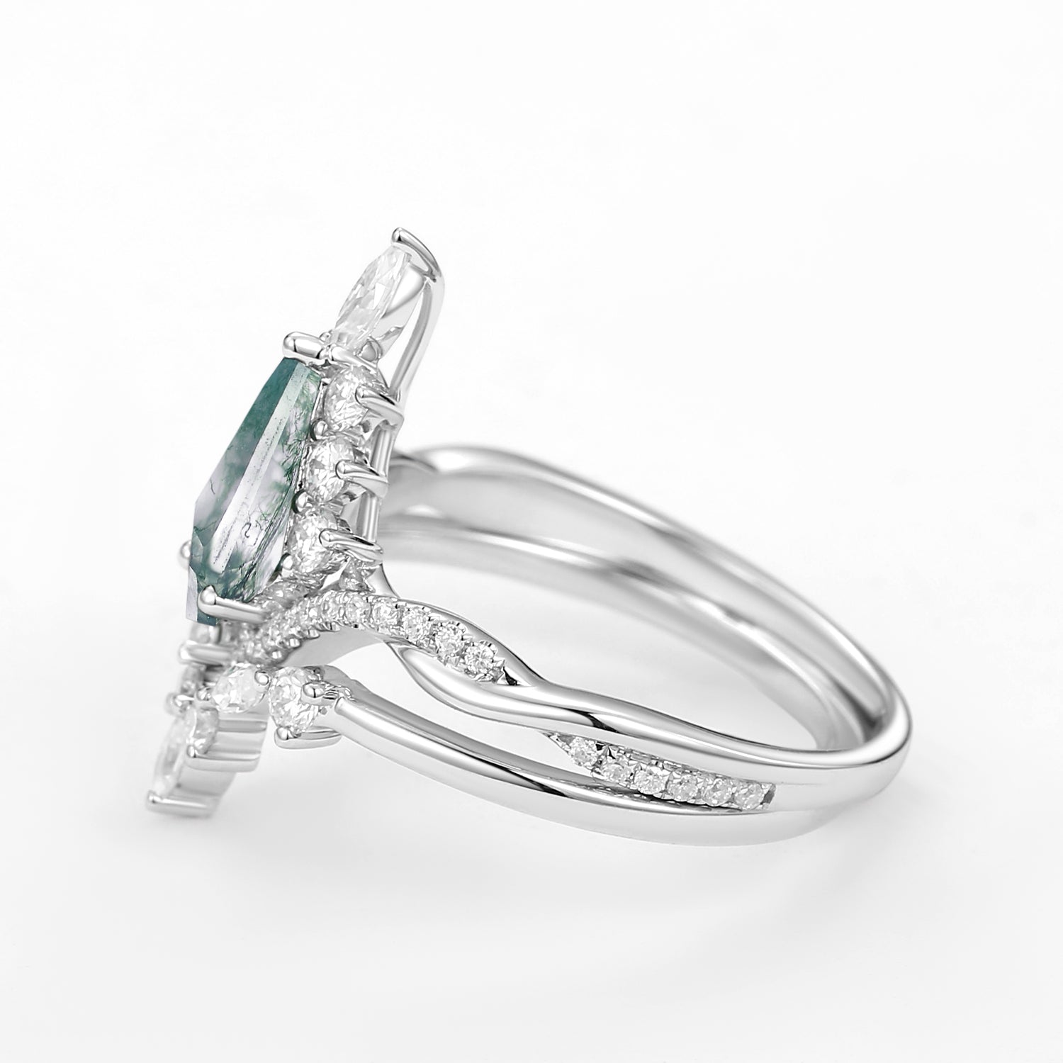 Unique Moss Agate Kite Shape Engagement Ring Sets 2pcs