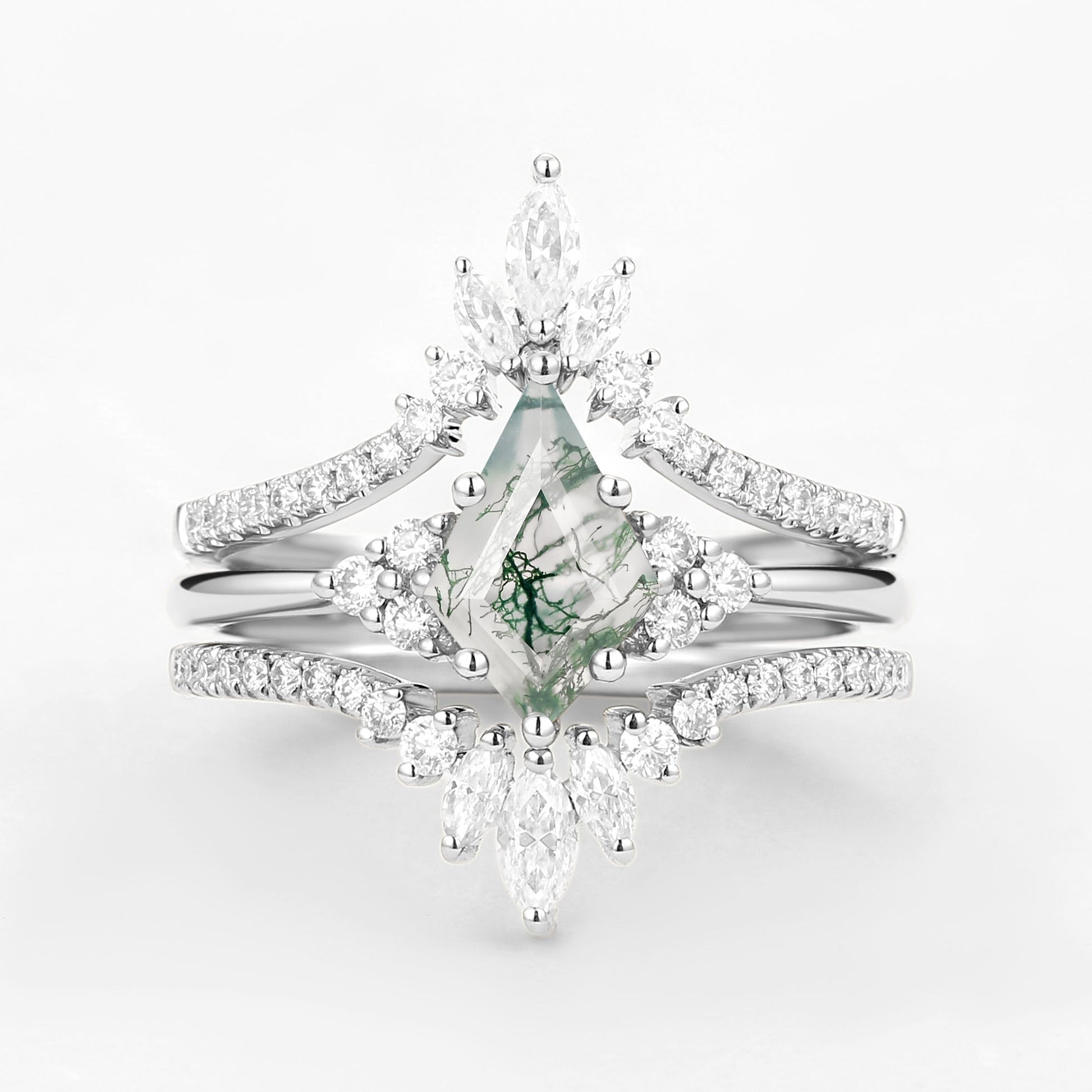 Unique Women Kite Cut Moss Agate Engagement Ring Set 3pcs
