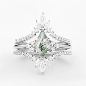 Unique Women Kite Cut Moss Agate Engagement Ring Set 3pcs