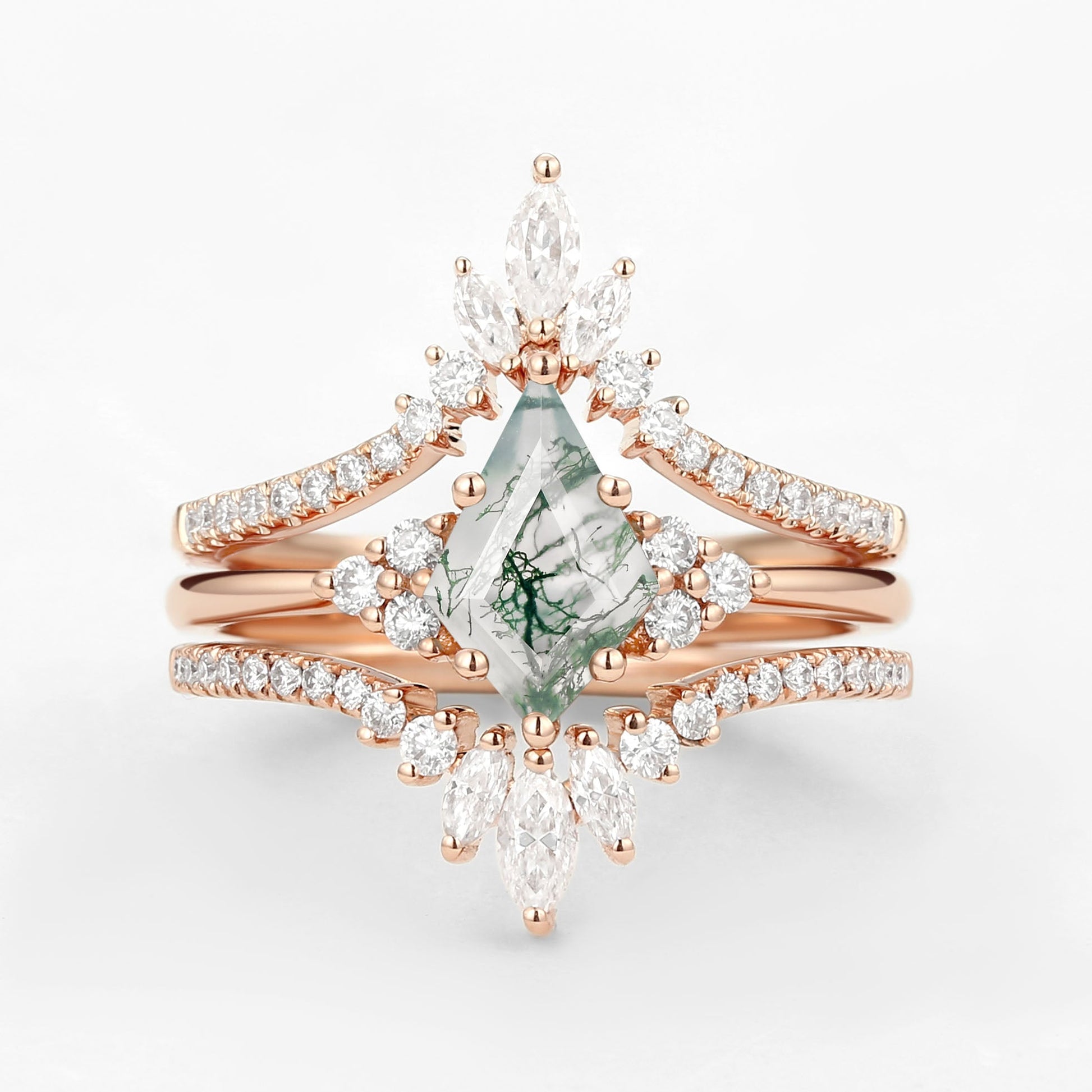 Unique Women Kite Cut Moss Agate Engagement Ring Set 3pcs