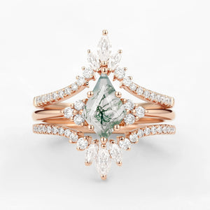 Unique Women Kite Cut Moss Agate Engagement Ring Set 3pcs