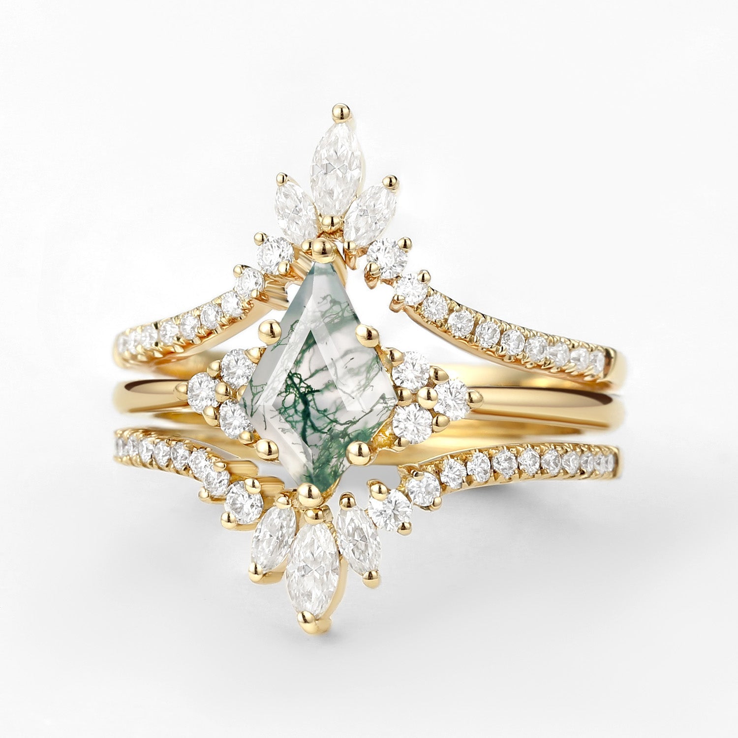 Unique Women Kite Cut Moss Agate Engagement Ring Set 3pcs
