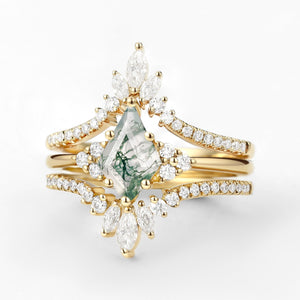 Unique Women Kite Cut Moss Agate Engagement Ring Set 3pcs