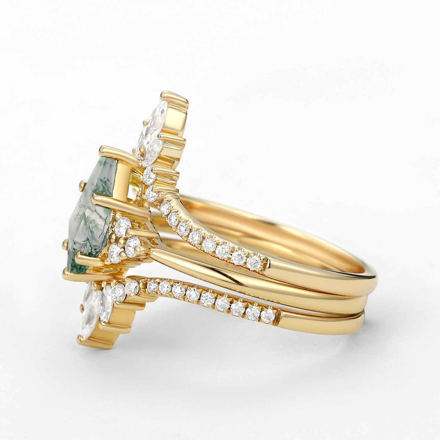 Unique Women Kite Cut Moss Agate Engagement Ring Set 3pcs