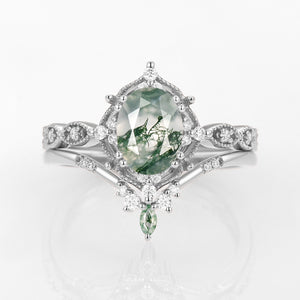 Oval Moss Agate Vintage Inspired Engagement Ring Set 2pcs