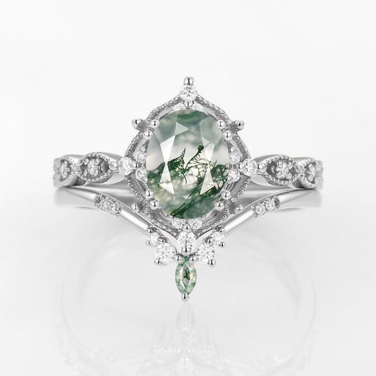 Oval Moss Agate Vintage Inspired Engagement Ring Set 2pcs