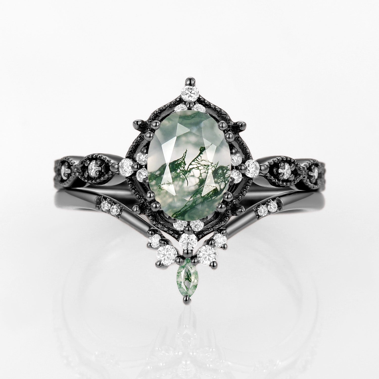 Oval Moss Agate Vintage Inspired Engagement Ring Set 2pcs