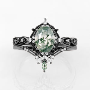 Oval Moss Agate Vintage Inspired Engagement Ring Set 2pcs