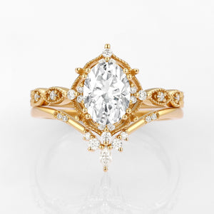 Oval Moss Agate Vintage Inspired Engagement Ring Set 2pcs