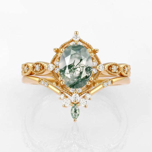 Oval Moss Agate Vintage Inspired Engagement Ring Set 2pcs