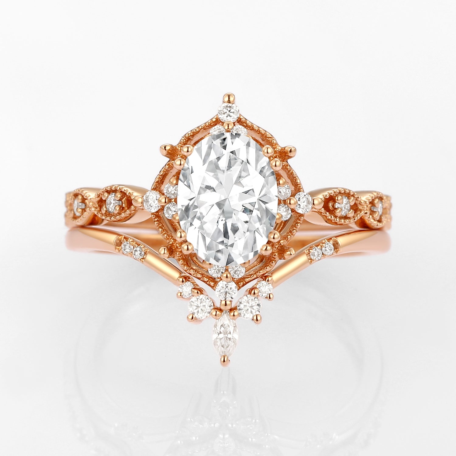 Oval Moss Agate Vintage Inspired Engagement Ring Set 2pcs