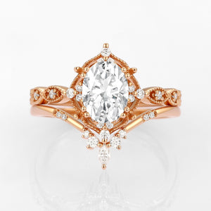 Oval Moss Agate Vintage Inspired Engagement Ring Set 2pcs