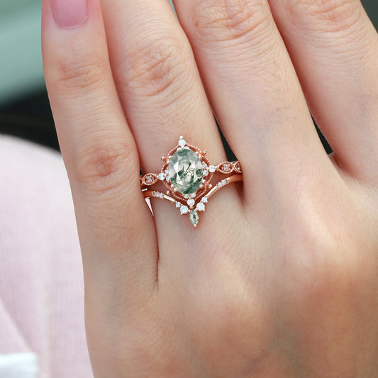 Oval Moss Agate Vintage Inspired Engagement Ring Set 2pcs