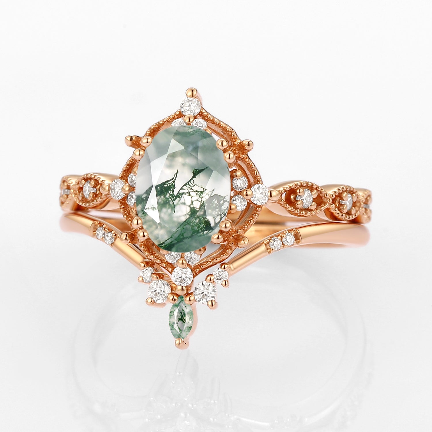 Oval Moss Agate Vintage Inspired Engagement Ring Set 2pcs