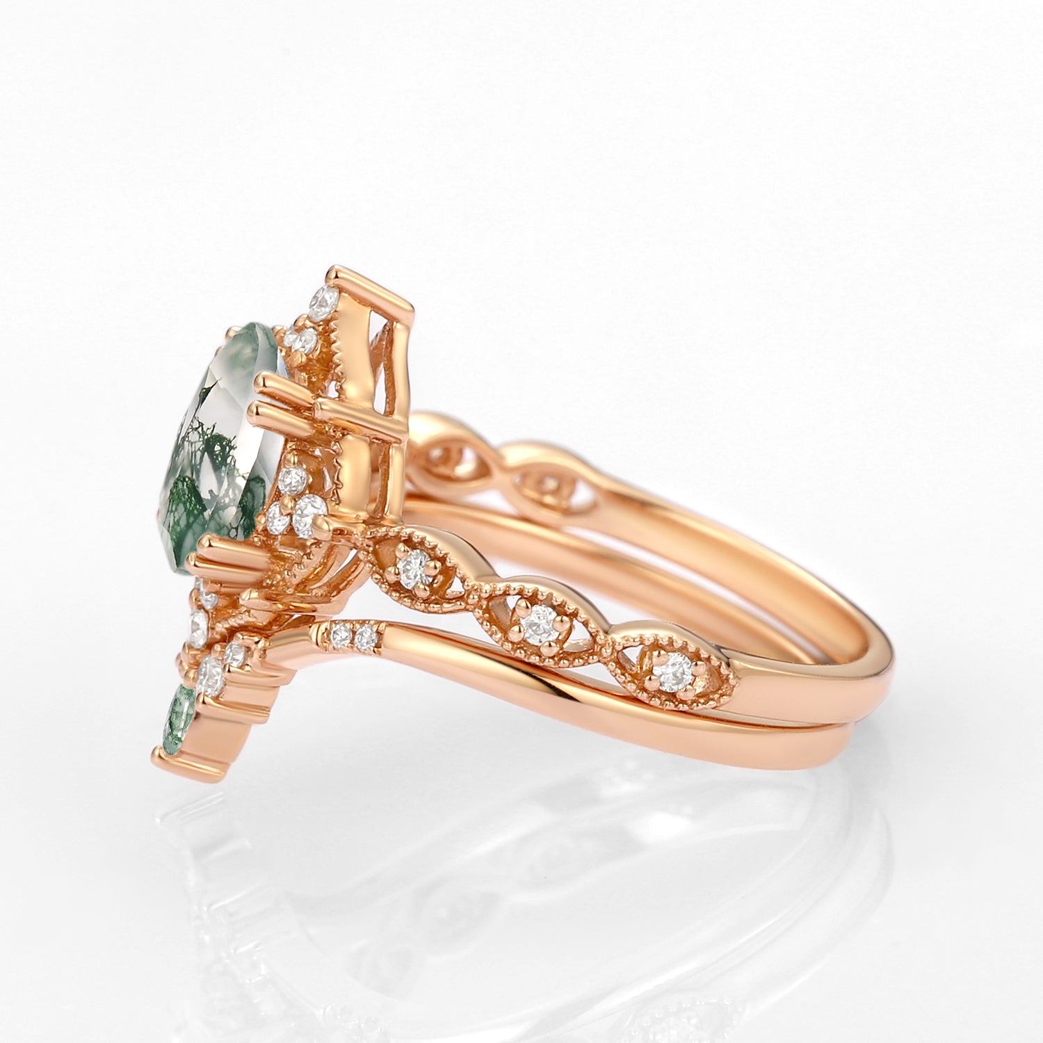 Oval Moss Agate Vintage Inspired Engagement Ring Set 2pcs