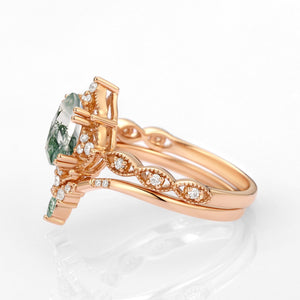 Oval Moss Agate Vintage Inspired Engagement Ring Set 2pcs