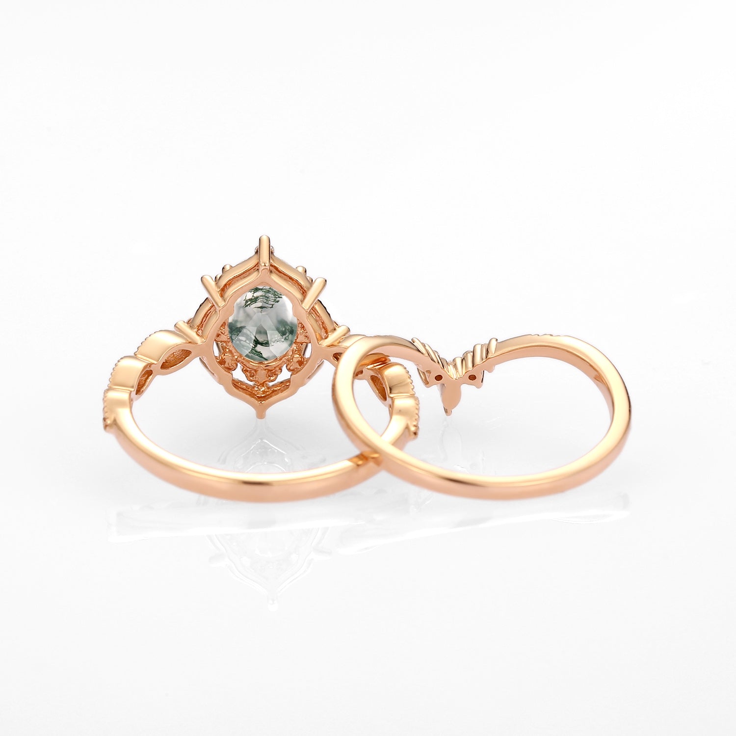 Oval Moss Agate Vintage Inspired Engagement Ring Set 2pcs