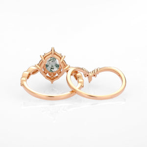 Oval Moss Agate Vintage Inspired Engagement Ring Set 2pcs