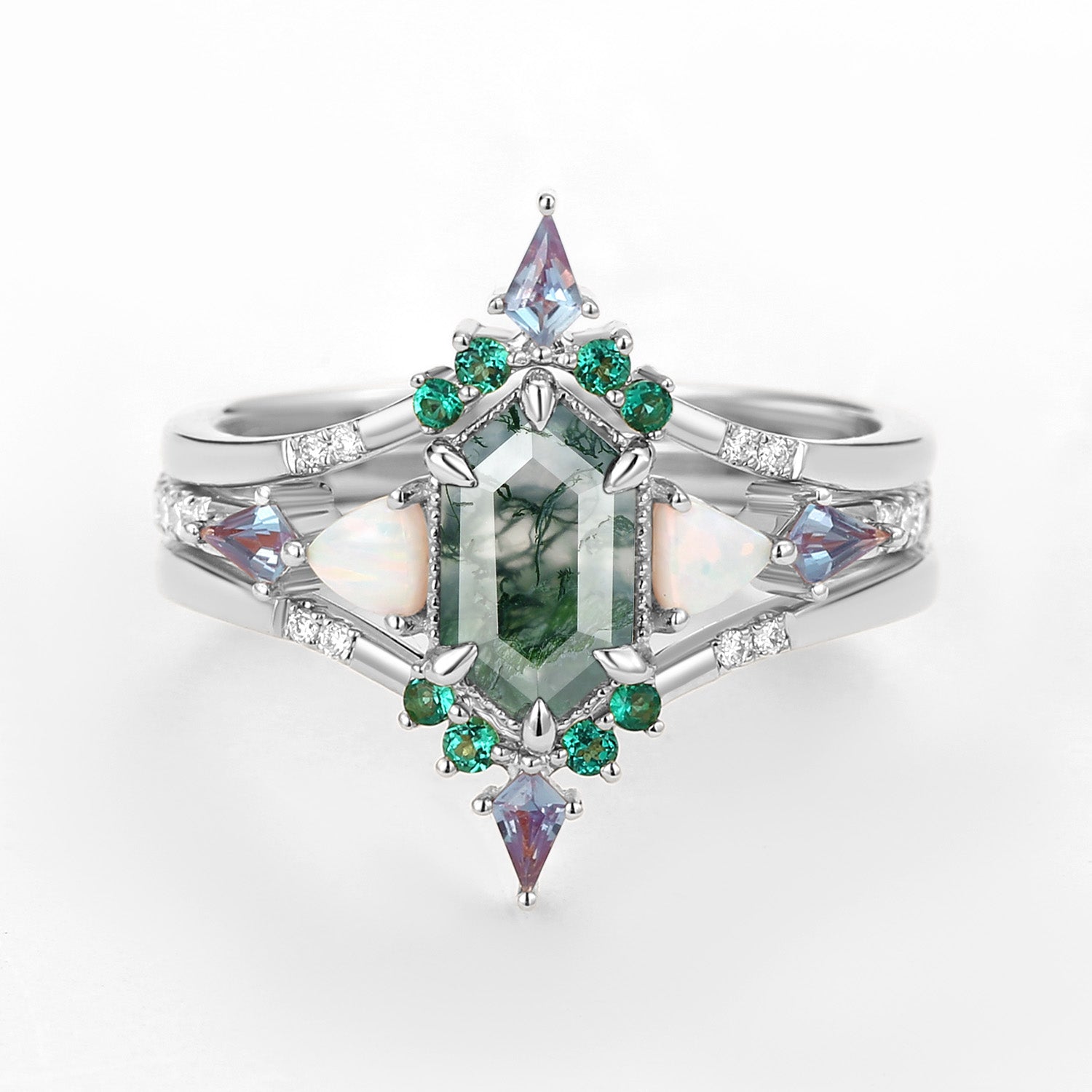 Max Hexagon Moss Agate & Opal & Alexandrite & Emerald Engagement Ring Set 3pcs