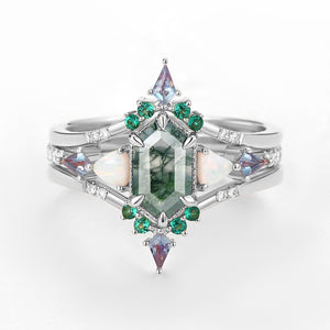 Max Hexagon Moss Agate & Opal & Alexandrite & Emerald Engagement Ring Set 3pcs