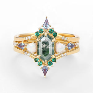 Max Hexagon Moss Agate & Opal & Alexandrite & Emerald Engagement Ring Set 3pcs