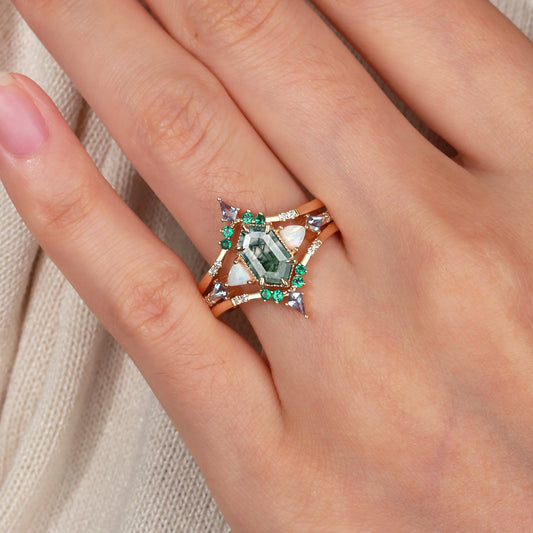 Max Hexagon Moss Agate & Opal & Alexandrite & Emerald Engagement Ring Set 3pcs