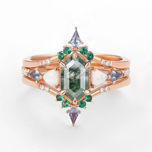 Max Hexagon Moss Agate & Opal & Alexandrite & Emerald Engagement Ring Set 3pcs