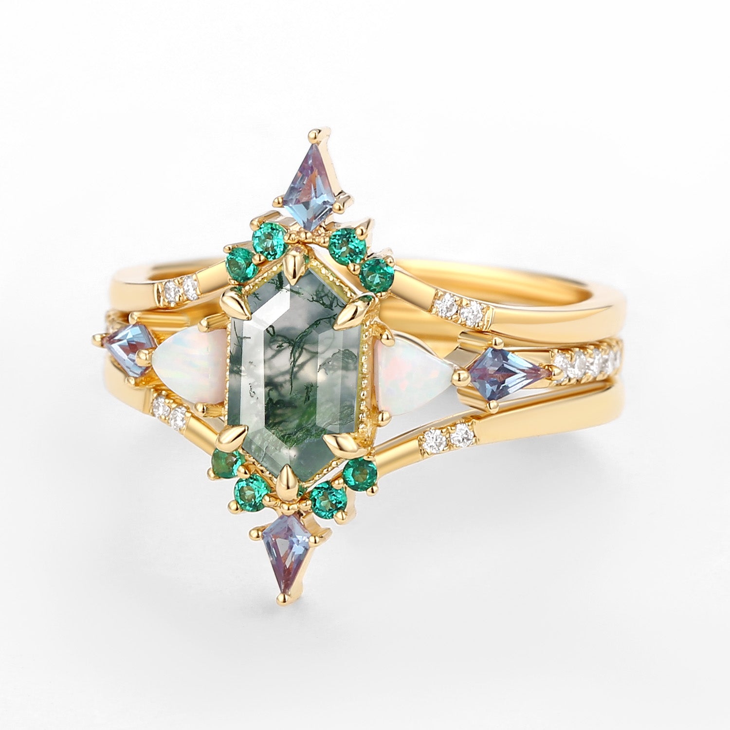 Max Hexagon Moss Agate & Opal & Alexandrite & Emerald Engagement Ring Set 3pcs