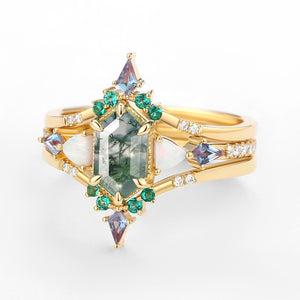 Max Hexagon Moss Agate & Opal & Alexandrite & Emerald Engagement Ring Set 3pcs