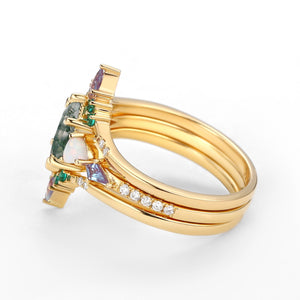 Max Hexagon Moss Agate & Opal & Alexandrite & Emerald Engagement Ring Set 3pcs