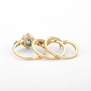 Max Hexagon Moss Agate & Opal & Alexandrite & Emerald Engagement Ring Set 3pcs