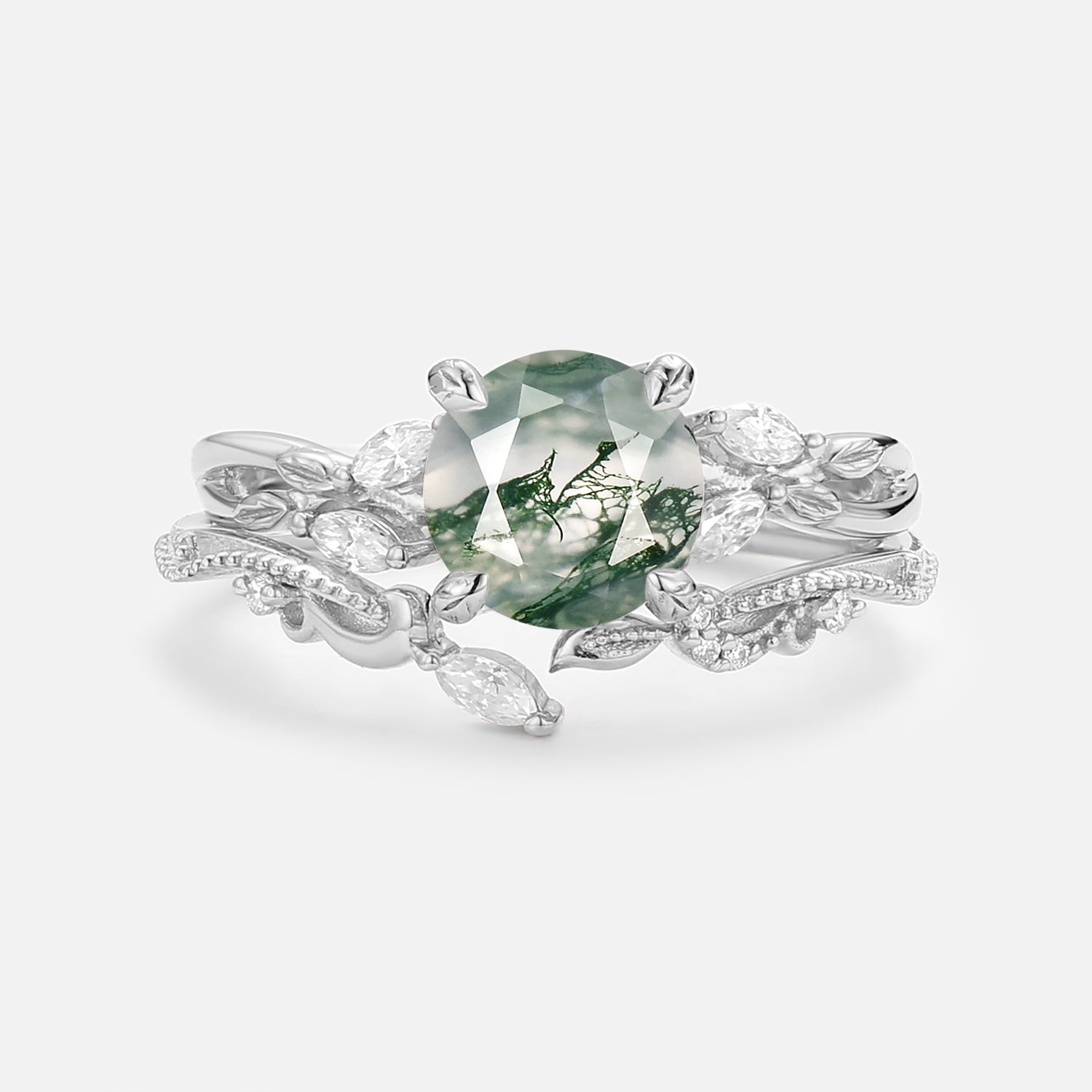 Round Cut Moss Agate Leafy Engagement Ring Set 2pcs