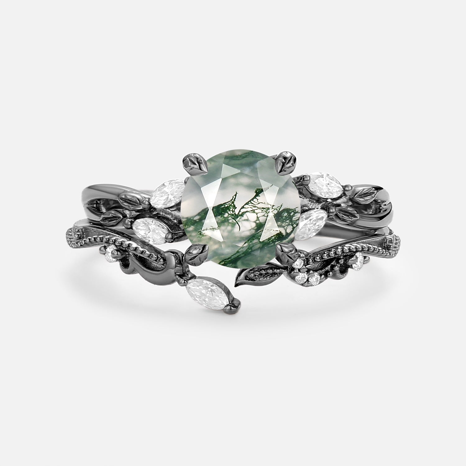 Round Cut Moss Agate Leafy Engagement Ring Set 2pcs