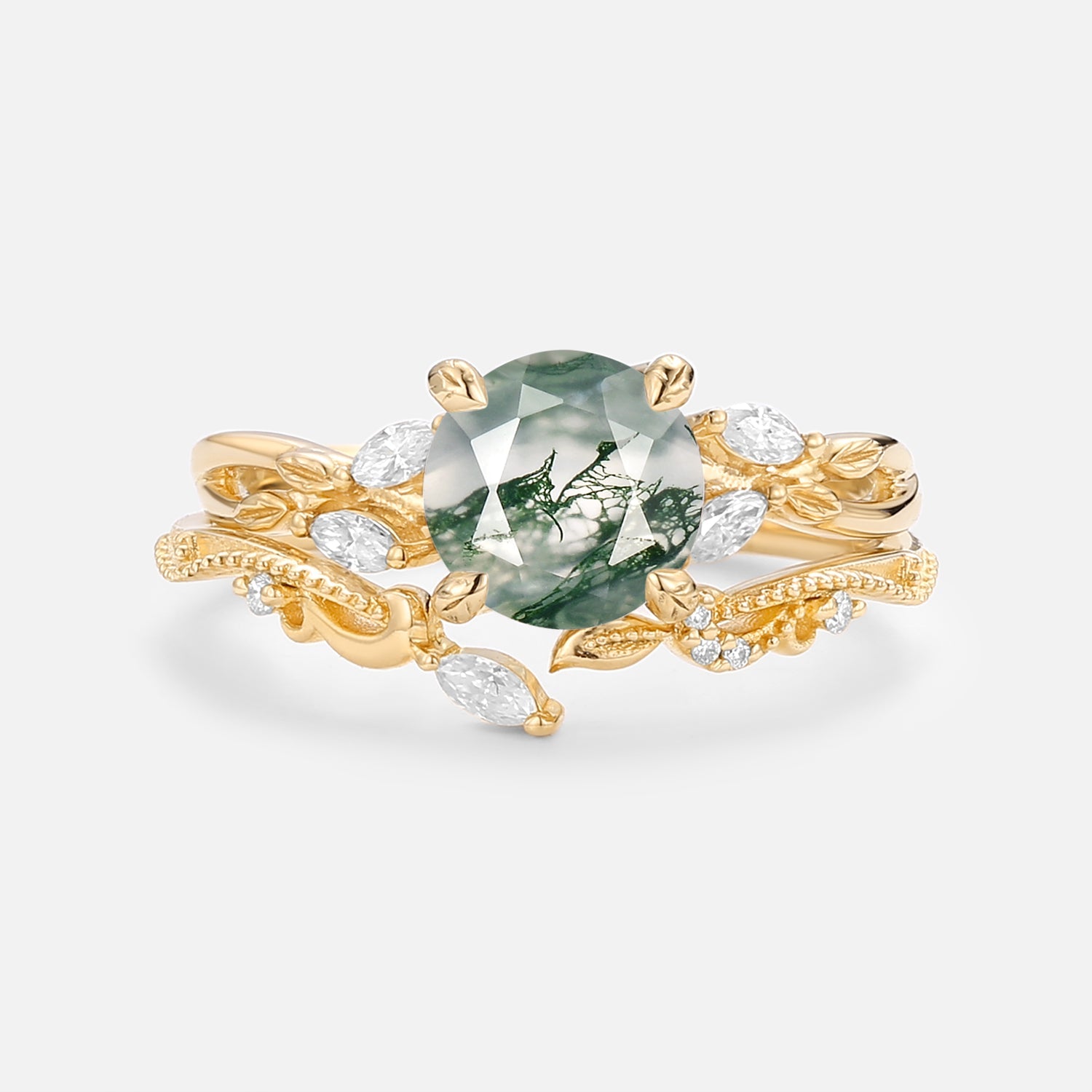 Round Cut Moss Agate Leafy Engagement Ring Set 2pcs