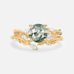 Round Cut Moss Agate Leafy Engagement Ring Set 2pcs