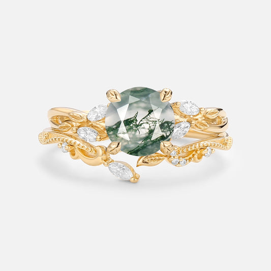 Round Cut Moss Agate Leafy Engagement Ring Set 2pcs