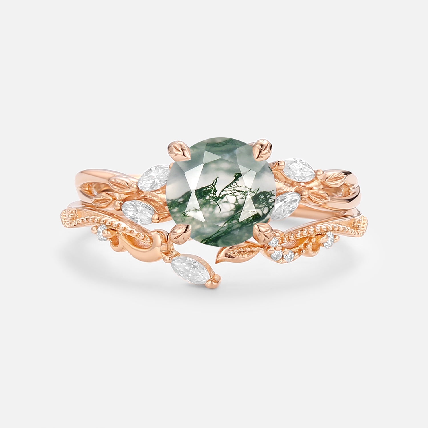 Round Cut Moss Agate Leafy Engagement Ring Set 2pcs