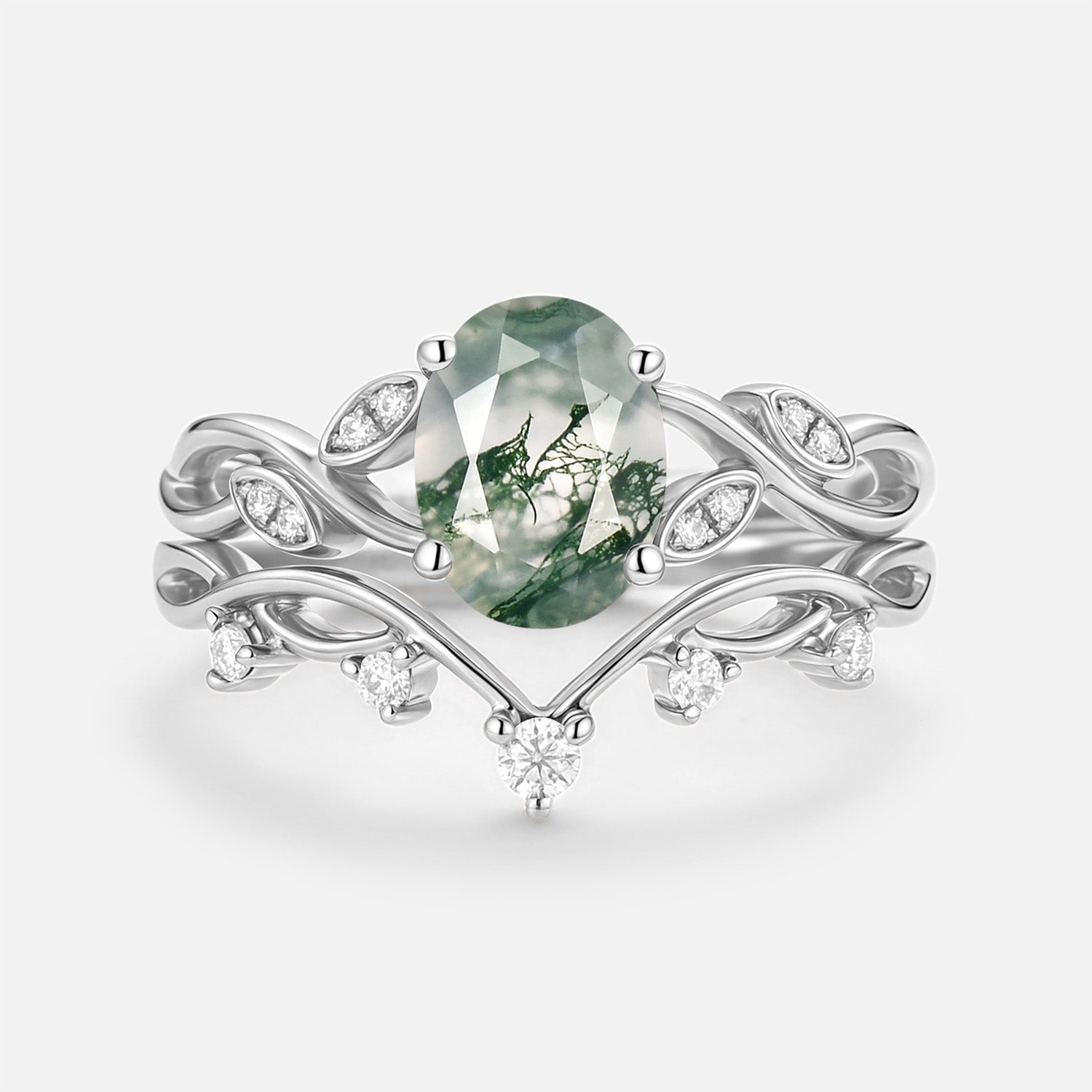 Moss Agate Oval Cut Leaf Ring Set 2pcs - Eiryn