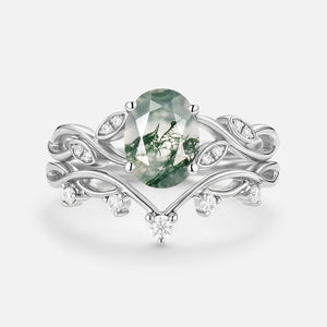 Moss Agate Oval Cut Leaf Ring Set 2pcs - Eiryn