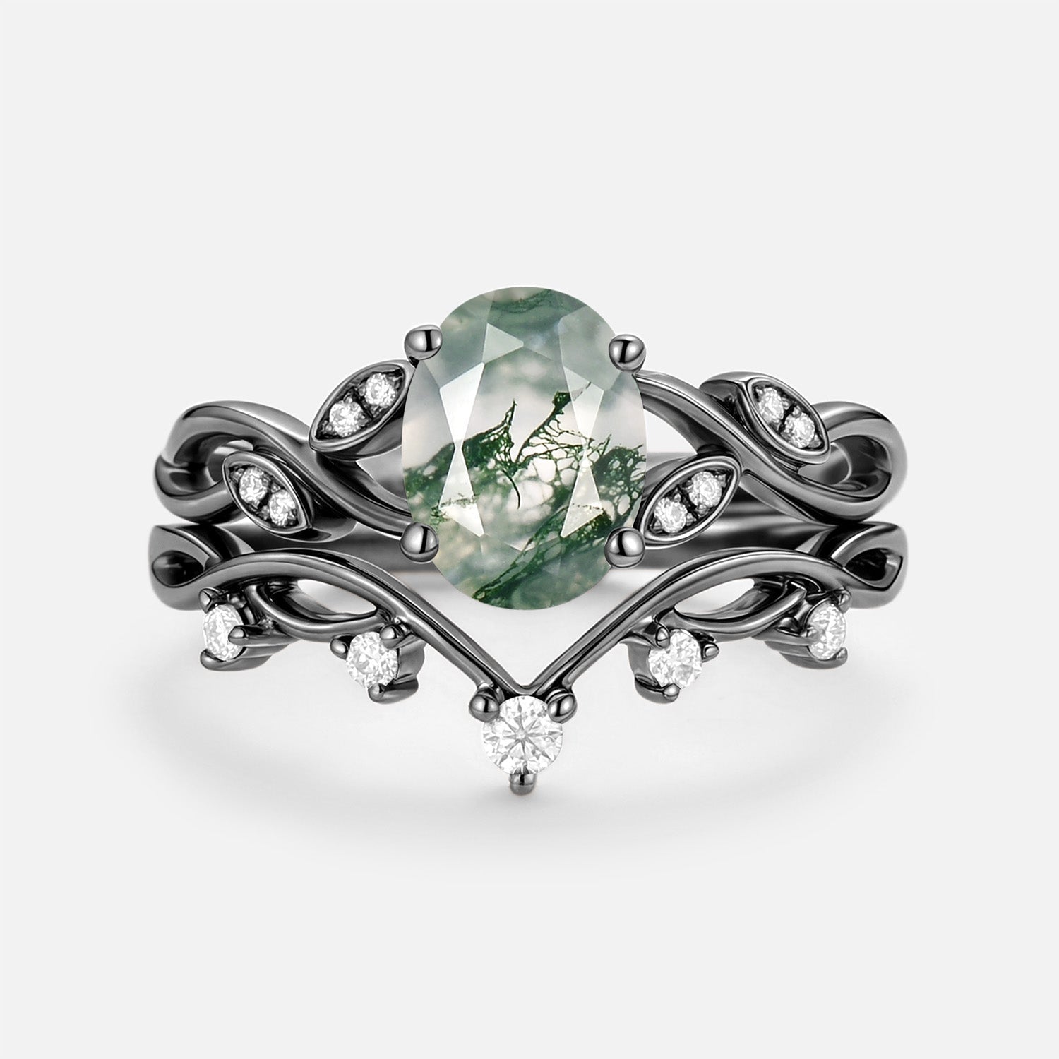 Moss Agate Oval Cut Leaf Ring Set 2pcs - Eiryn