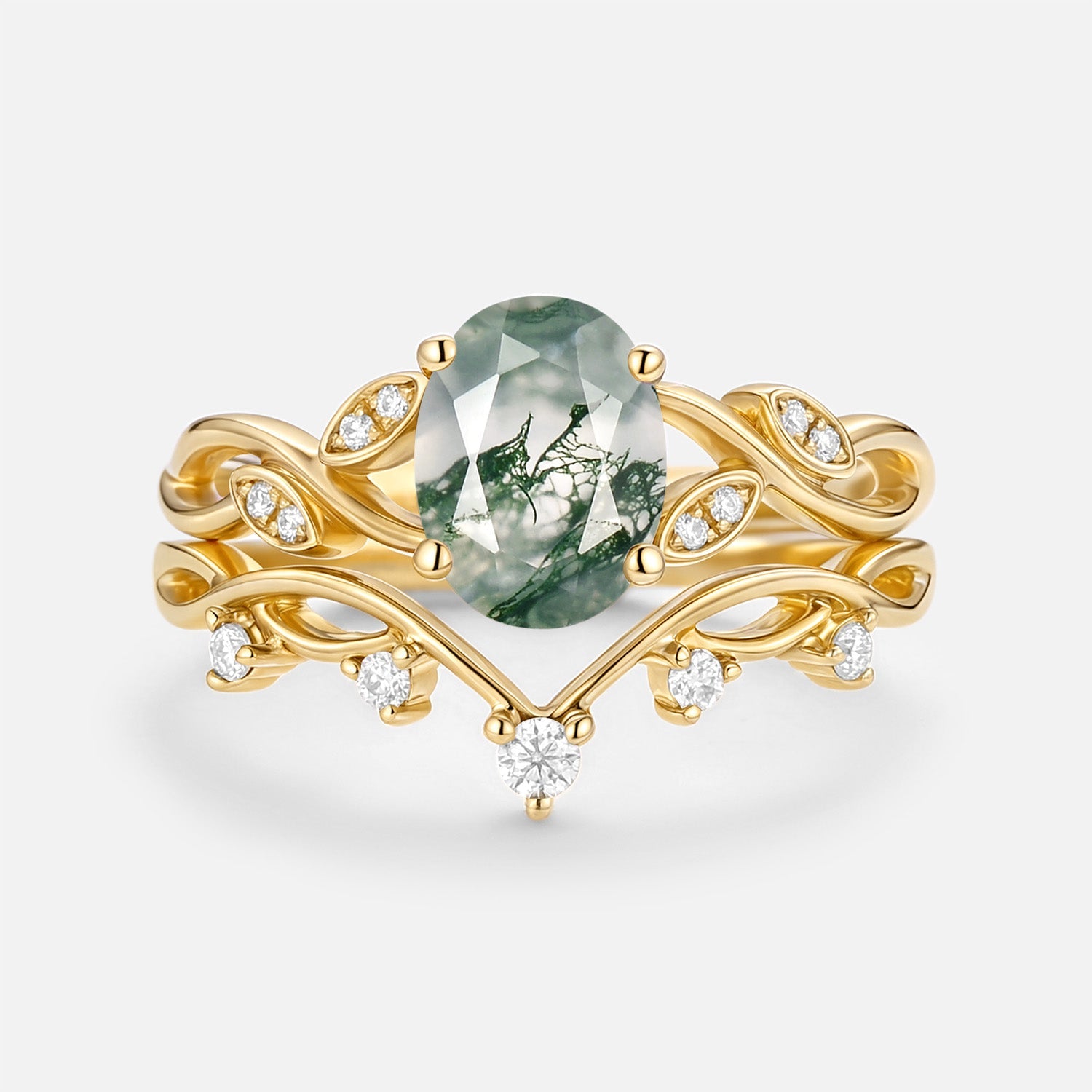 Moss Agate Oval Cut Leaf Ring Set 2pcs - Eiryn
