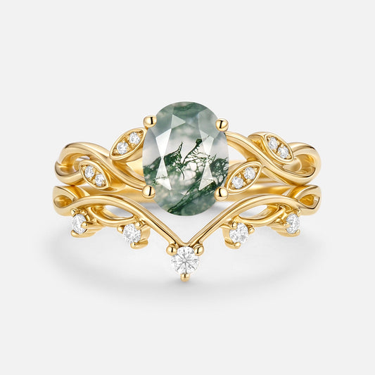 Moss Agate Oval Cut Leaf Ring Set 2pcs - Eiryn