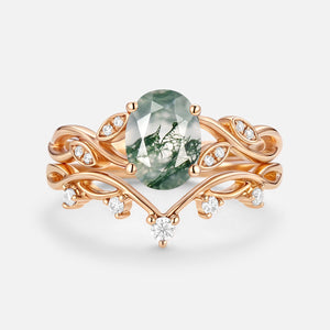 Moss Agate Oval Cut Leaf Ring Set 2pcs - Eiryn