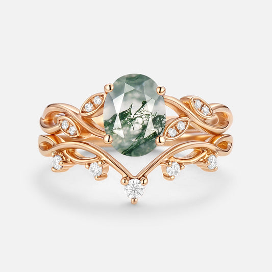 Moss Agate Oval Cut Leaf Ring Set 2pcs - Eiryn