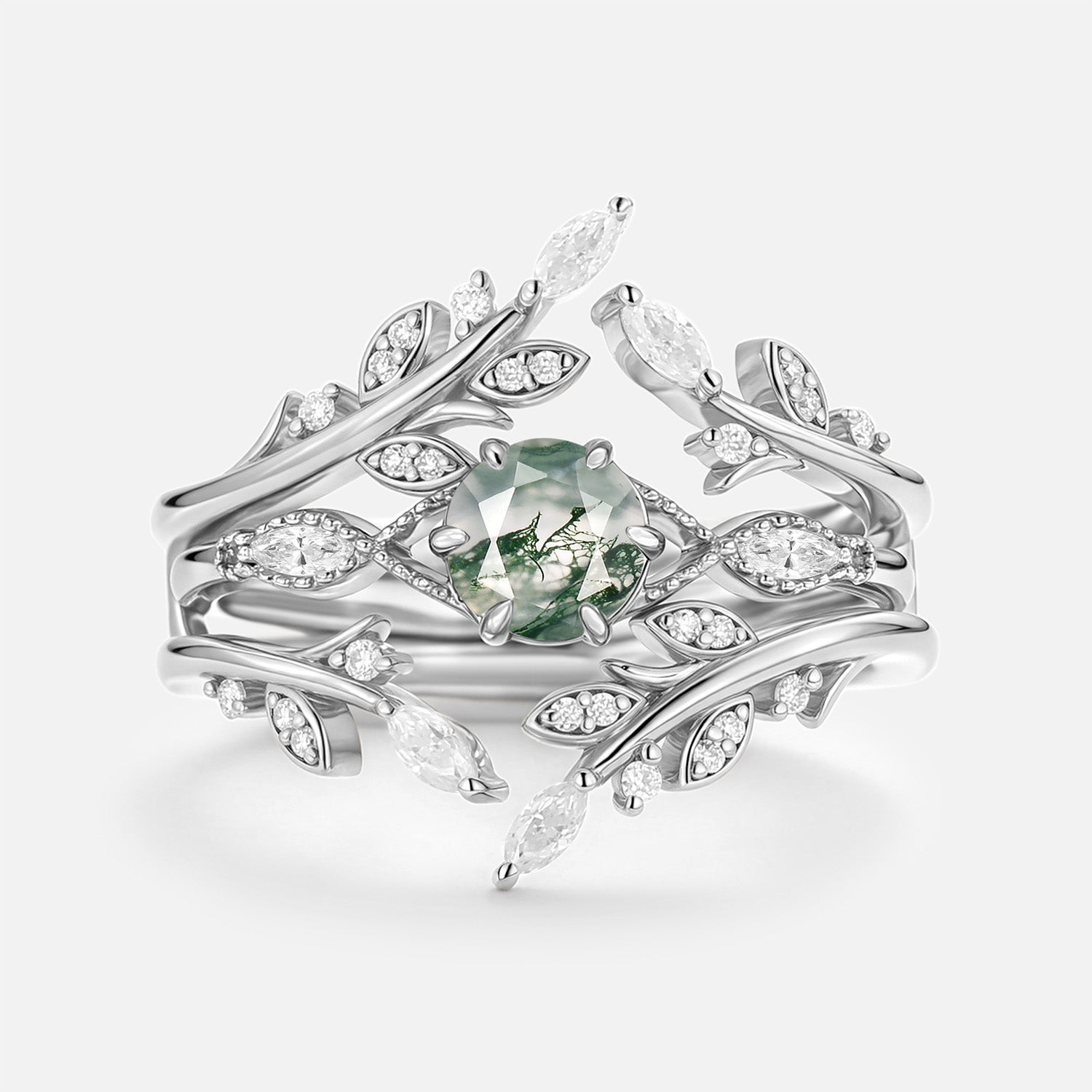 Briar Round Cut Moss Agate Leafy Cage Engagement Ring Set 2pcs