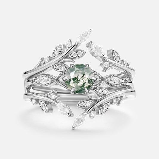 Briar Round Cut Moss Agate Leafy Cage Engagement Ring Set 2pcs