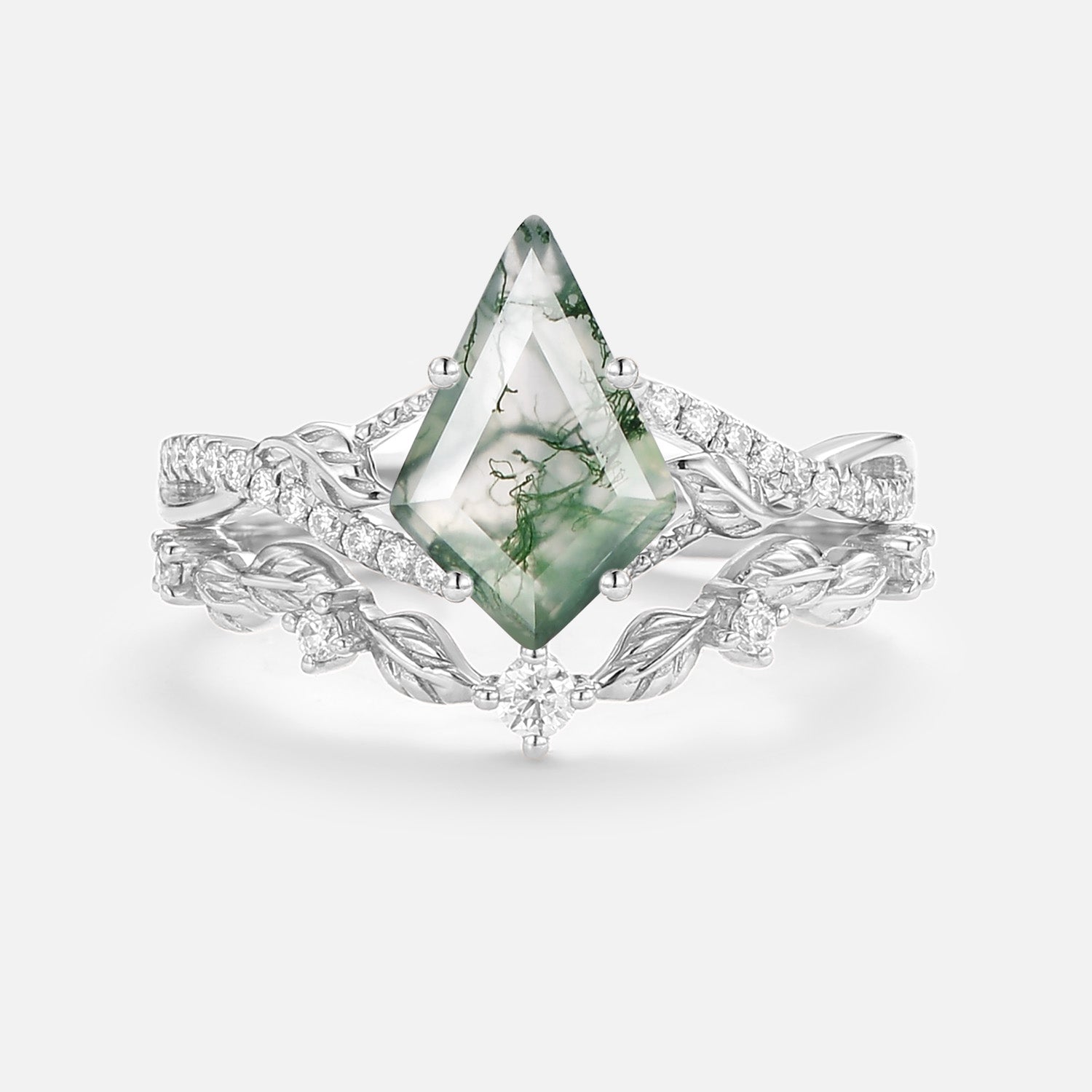 Kite Moss Agate Leafy Engagement Ring Set 2pcs - Syrin