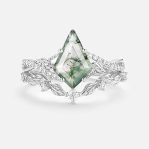 Kite Moss Agate Leafy Engagement Ring Set 2pcs - Syrin
